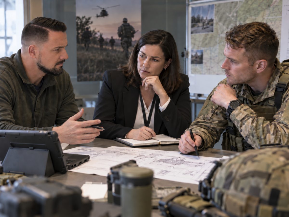 Military user and engineers reviewing equipment drawings together at a table