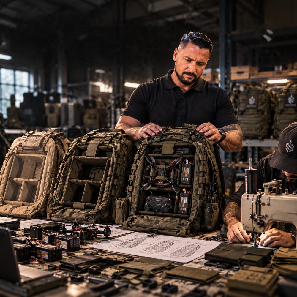 Engineer with three iterations of a drone backpack on a workshop table, with drawings and a sewing machine