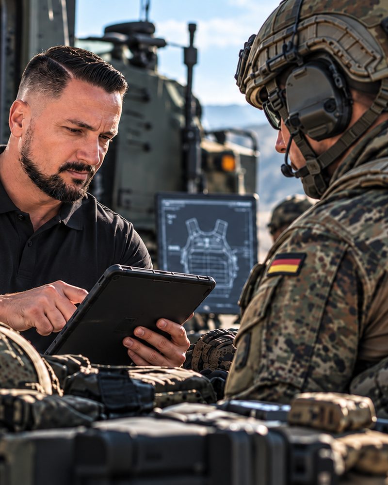 Engineer showing equipment drawings on a tablet to a soldier in the field
