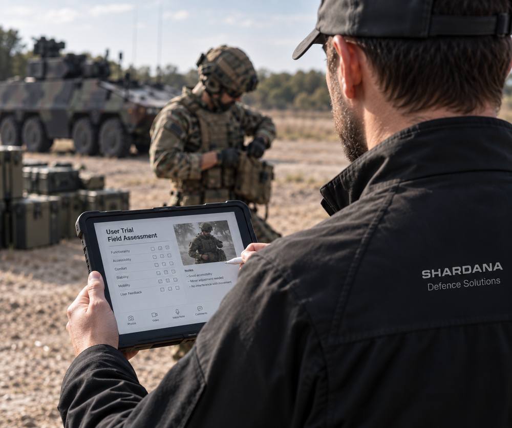 Person with a tablet recording a user trial field assessment next to a soldier