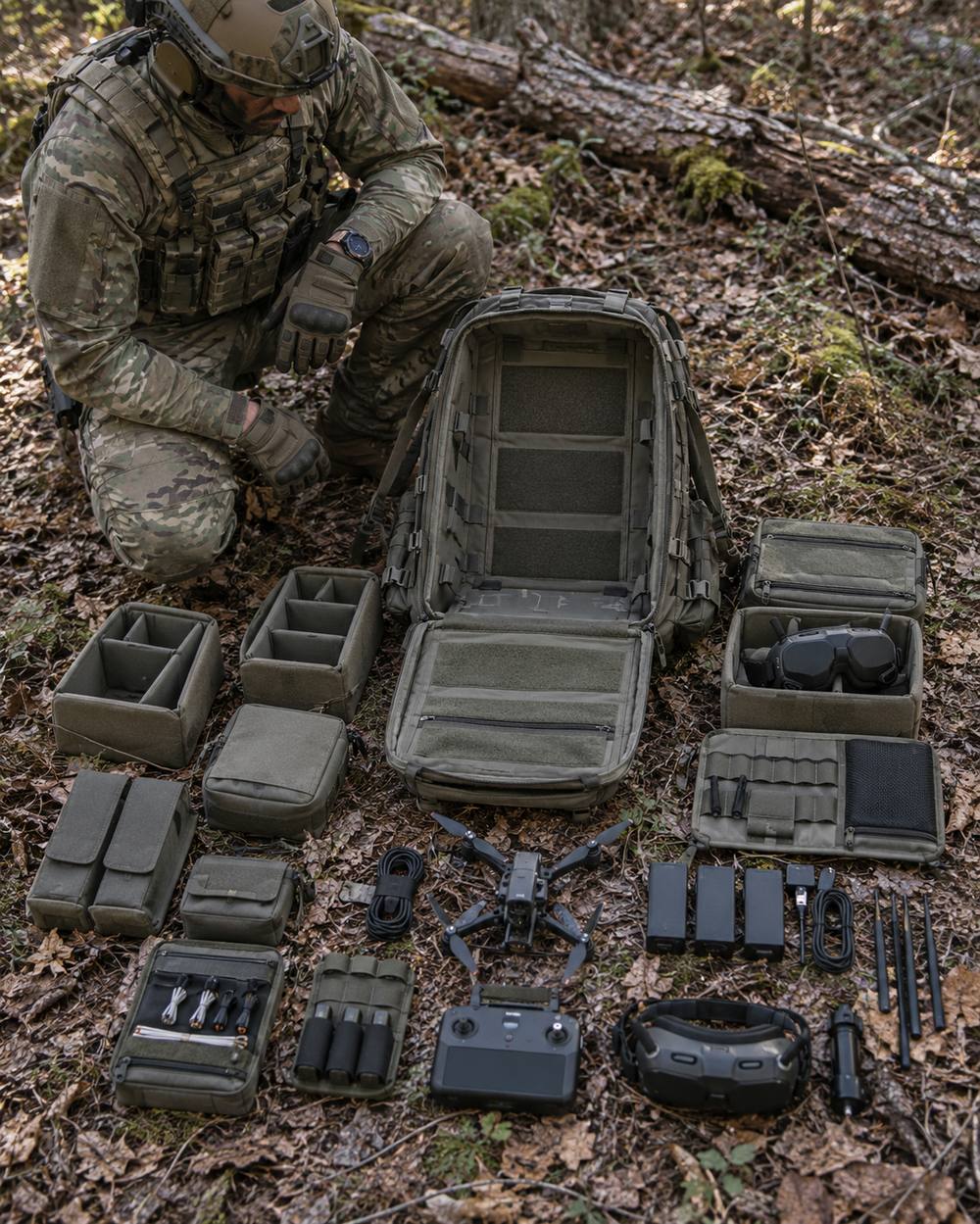 Soldier kneeling beside an open backpack with drone, controller, goggles, batteries and modular pouches laid out