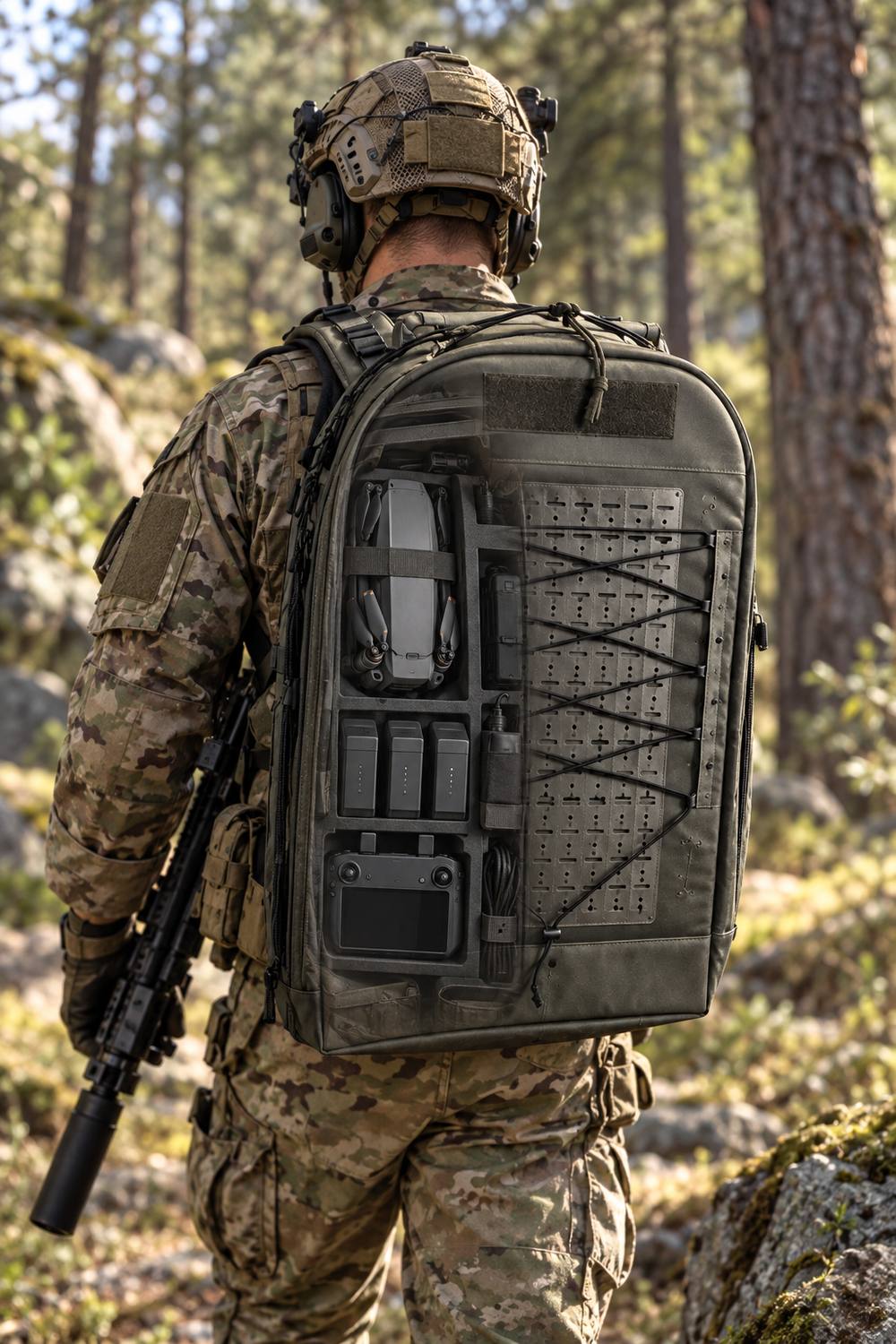 Soldier carrying a backpack with a transparent view of drone, batteries and controller in fitted compartments